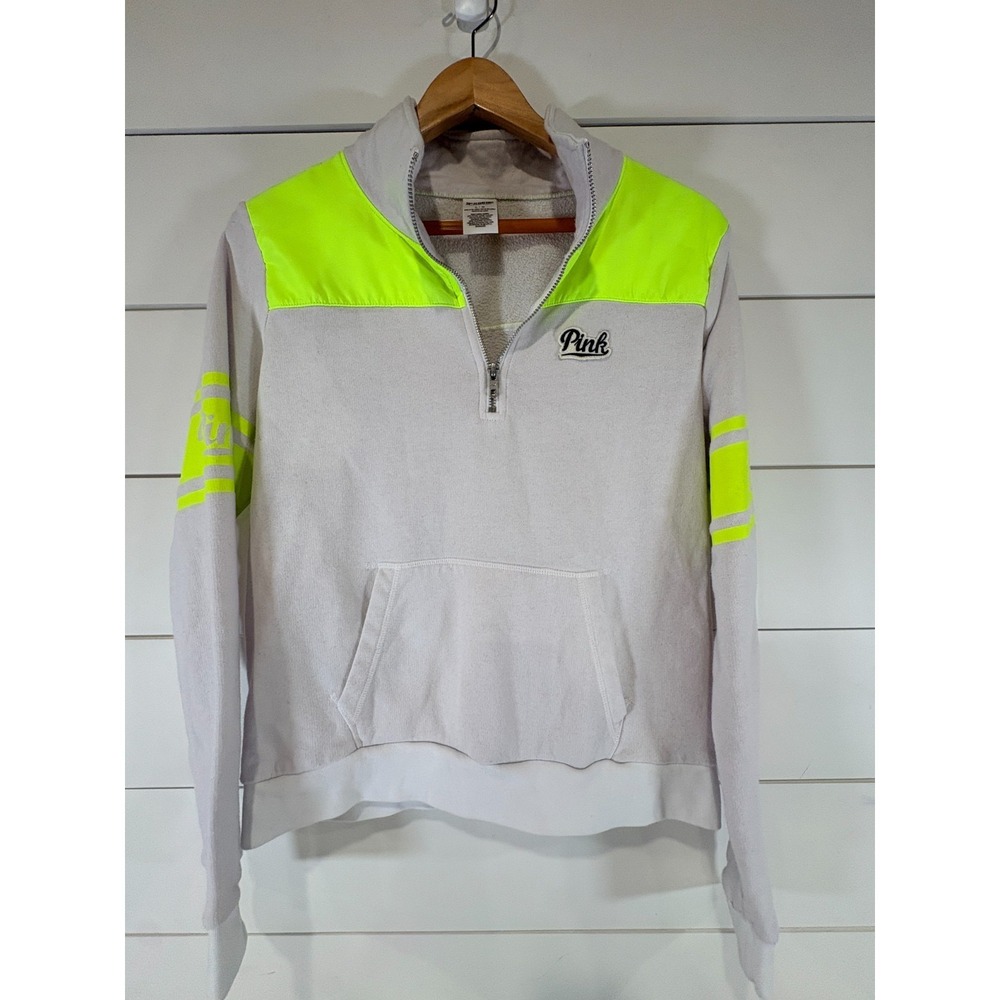 Victoria's Secret PINK White w/ Neon Yellow Half Zip Pullover Sweatshirt Large L